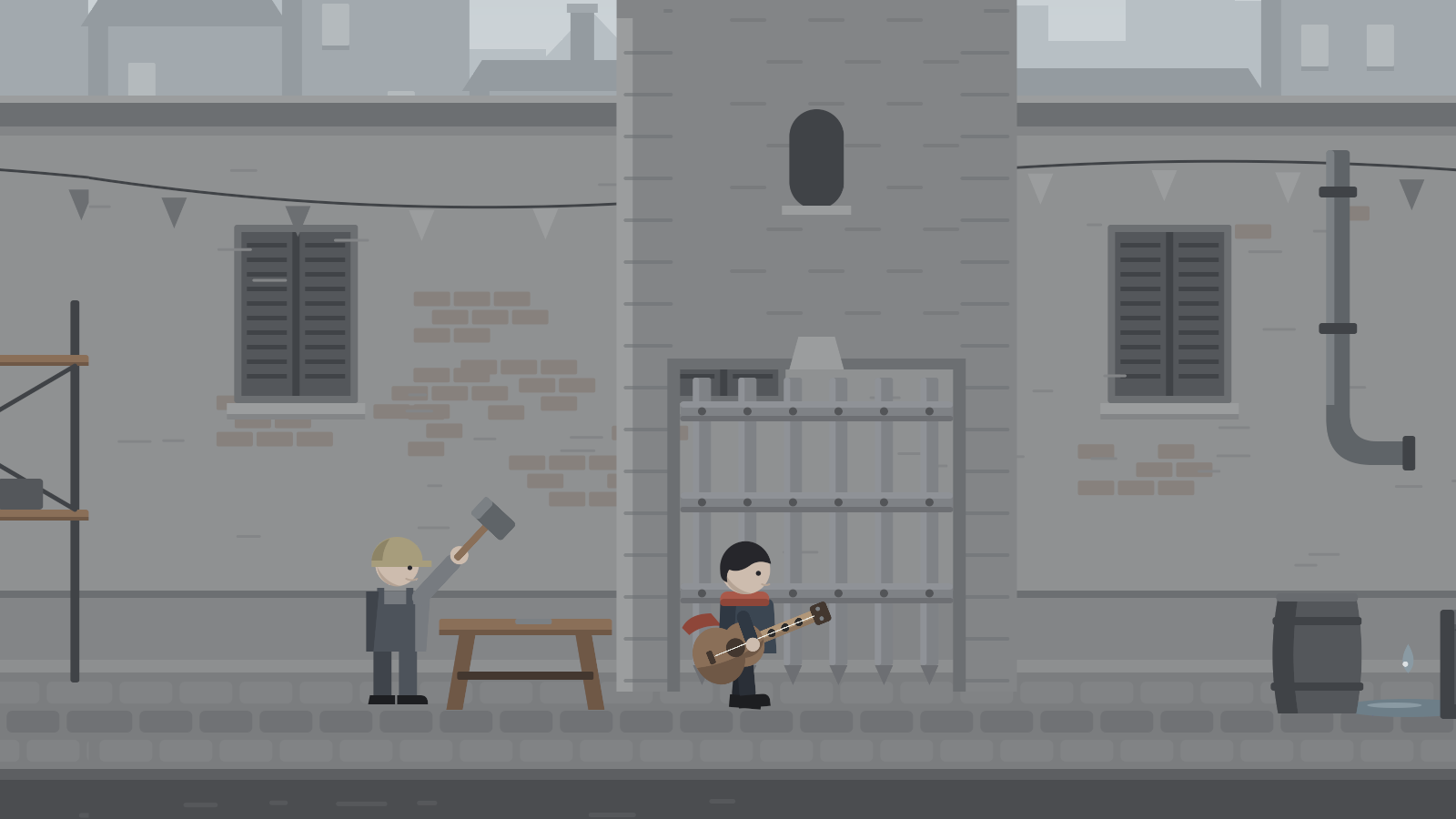 The player with a guitar standing in front of a closed portcullis while a builder hammers beside it